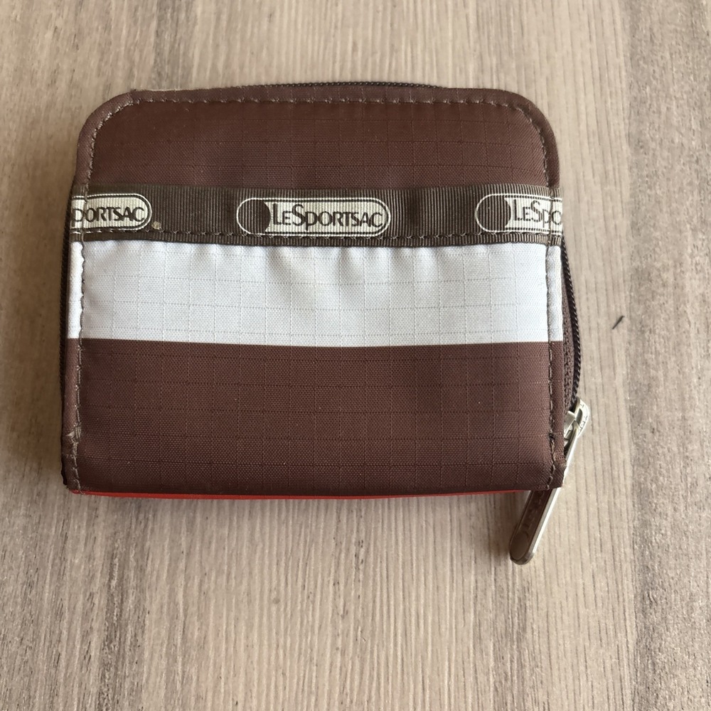 LESPORTSAC Bi-Fold Zip Around Wallet Coin Purse Vintage Brown White Striped